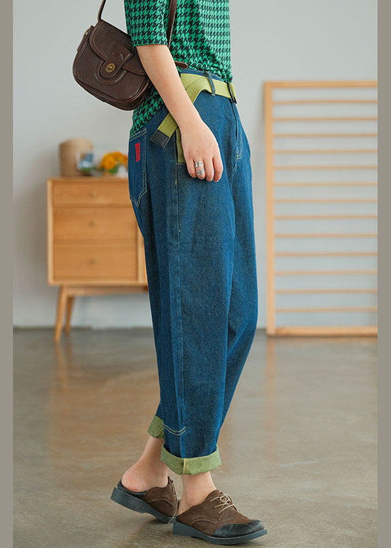 Blue Pockets Patchwork Harem Fall Pants
