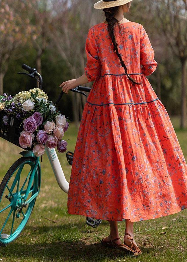 Classy Orange Print Linen O-neck Long Sleeve Summer Dress
