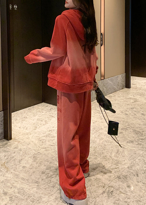 Red Gradient Color Hooded Letter Warm Fleece Two Pieces Set Winter