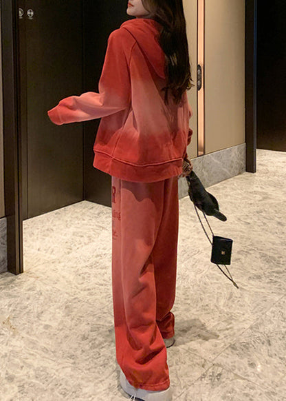 Red Gradient Color Hooded Letter Warm Fleece Two Pieces Set Winter