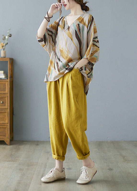 Yellow V Neck Print Fall Striped Shirt Tops Half Sleeve