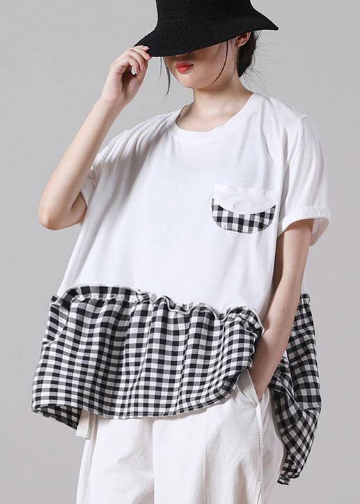 Boutique White Patchwork Plaid Pockets Cotton Shirt Tops Short Sleeve Summer