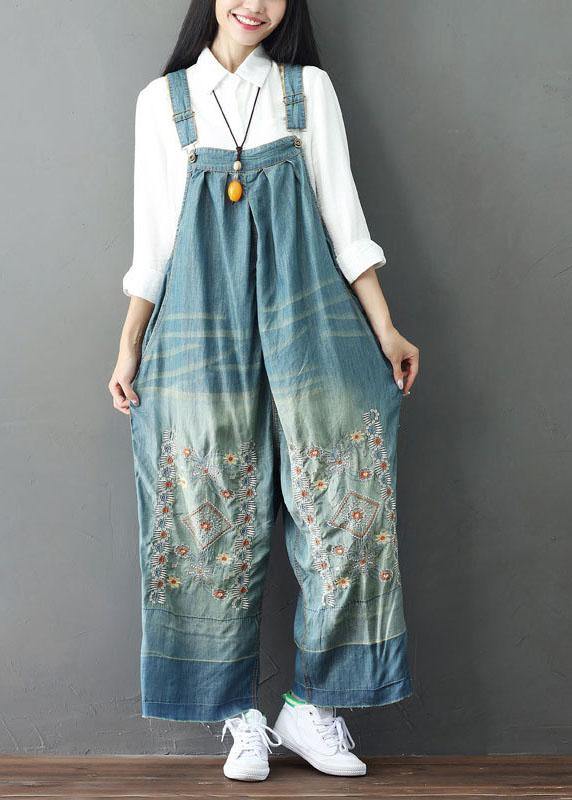 Handmade Blue Pockets Embroideried Button Fall Cotton Romper Outfit