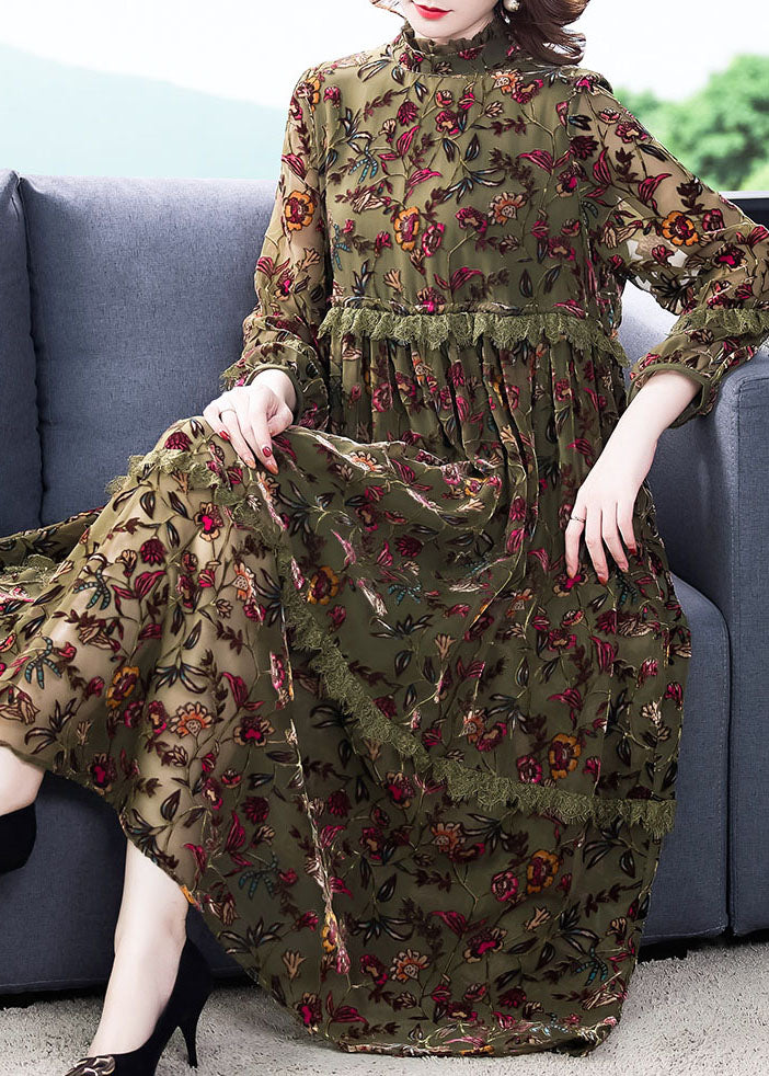 Green Ruffled Print Velour Dresses Spring