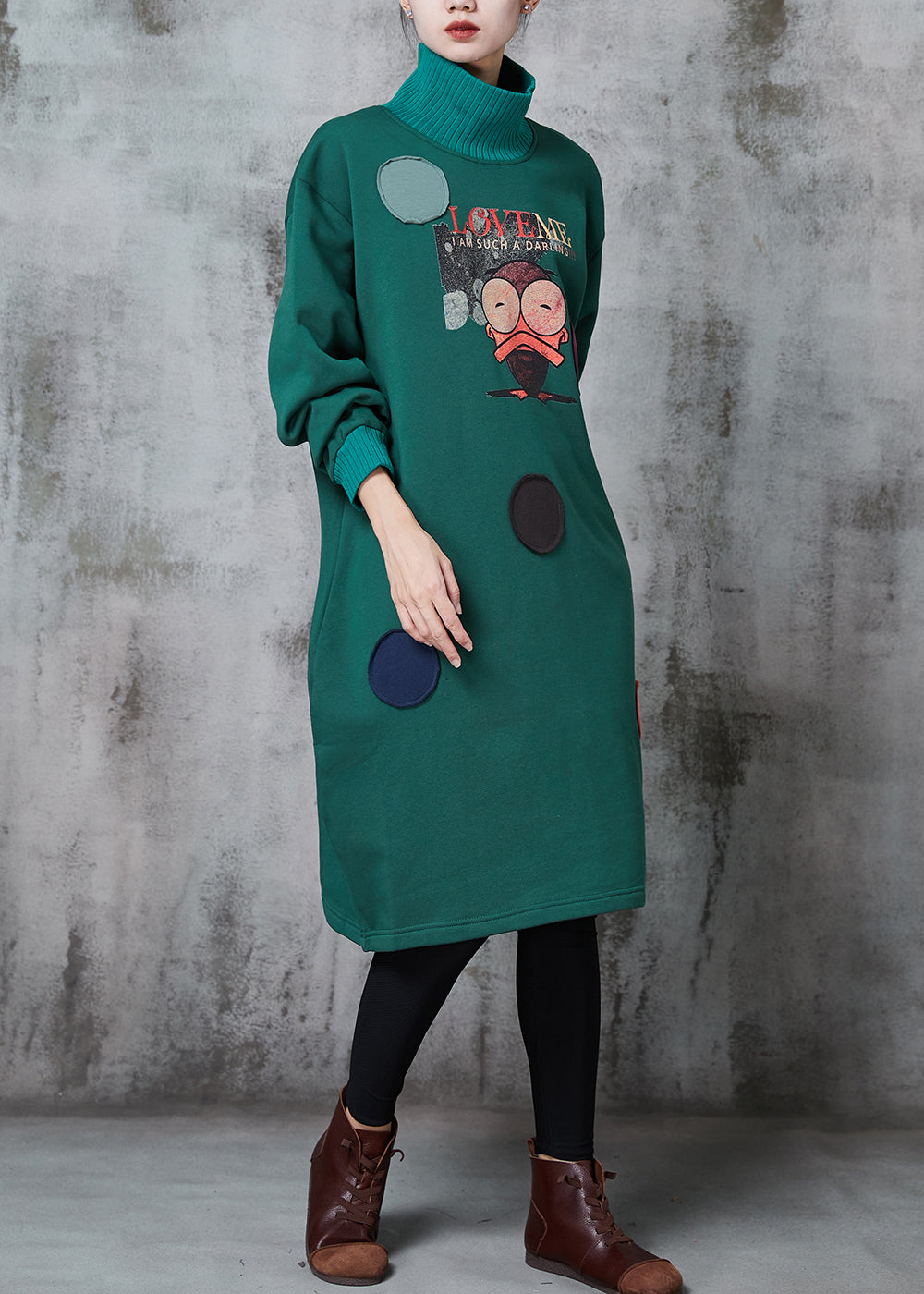 Green High Neck Print Cotton Sweatshirts Dress Spring