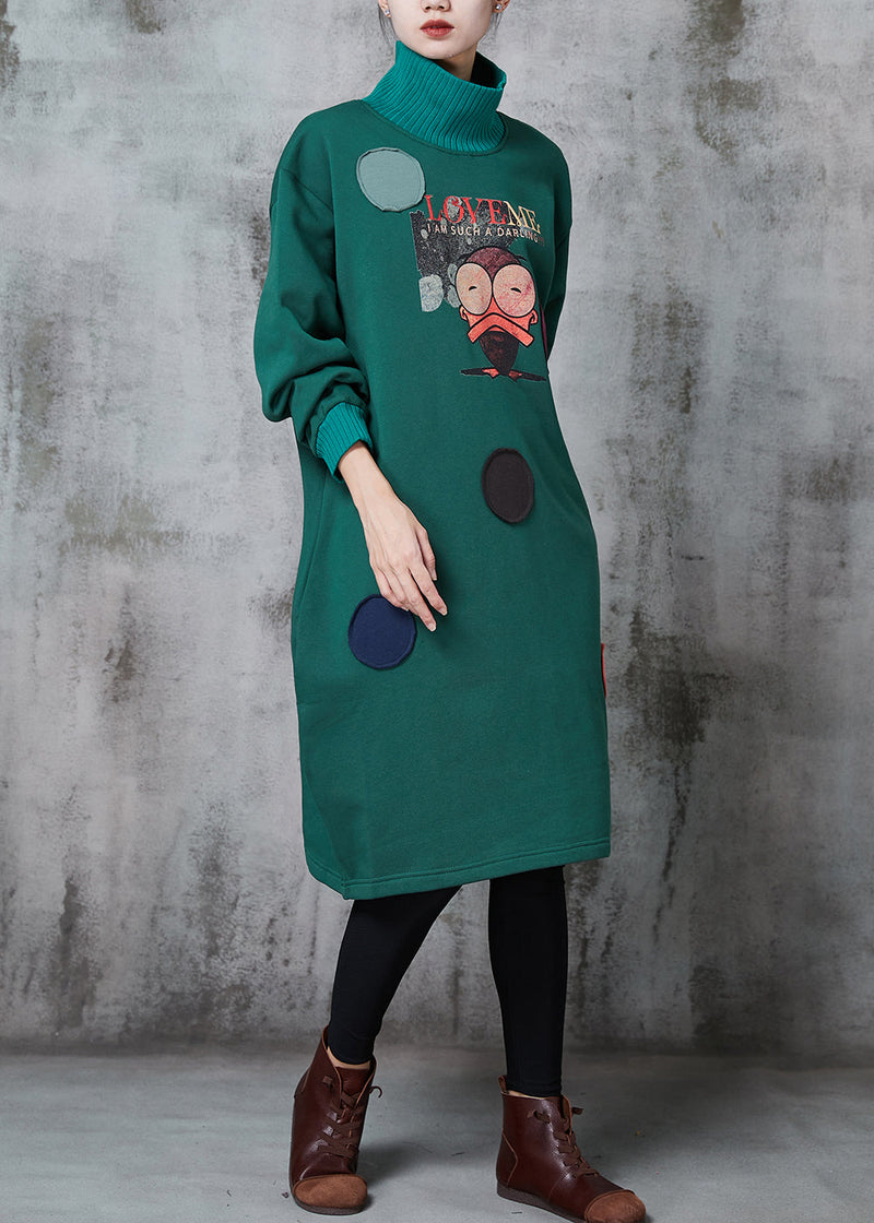 Green High Neck Print Cotton Sweatshirts Dress Spring