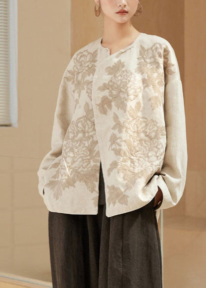 Embroideried Button Linen Coats Long Sleeve
