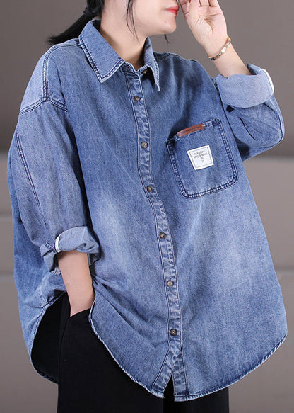 Blue Peter Pan Collar Patchwork Button Denim Shirt Fall