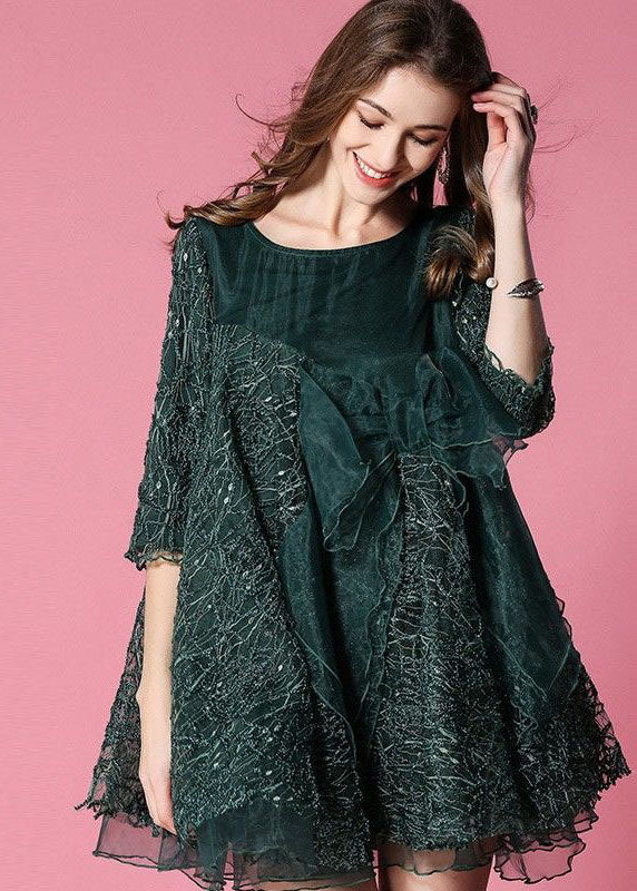 Blackish Green Bow Patchwork Organza Vacation Dress Half Sleeve