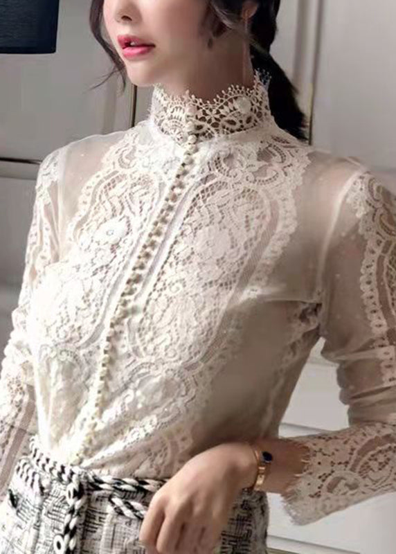 White V Neck Pearl Button Lace Shirt Long Sleeve