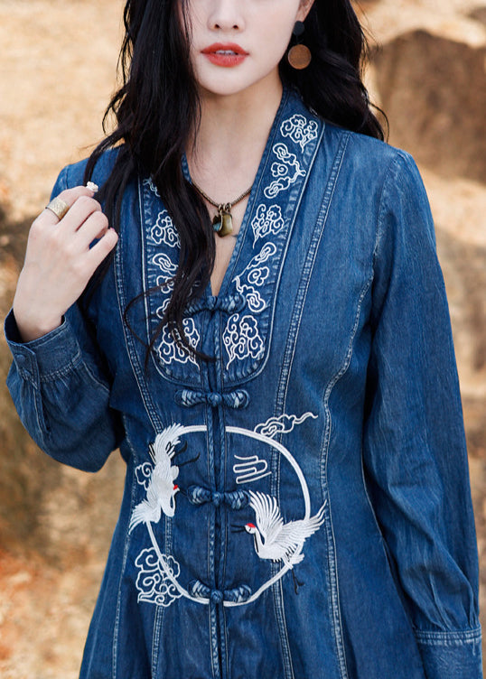 Blue V Neck Embroideried Button Cotton Denim Long Dresses Long Sleeve
