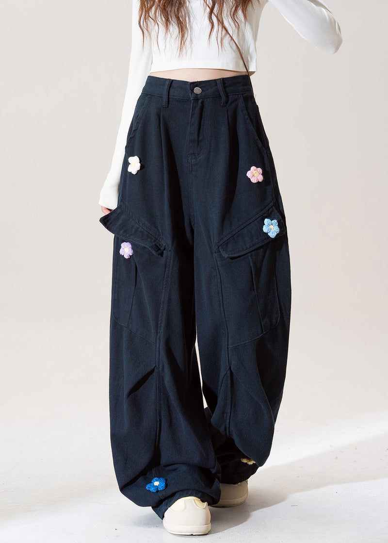 Stylish Navy Embroidered Pockets Cotton Pants Fall