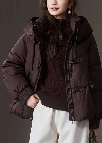 Brown Zippered Pockets Patchwork Hooded Down Coat Winter