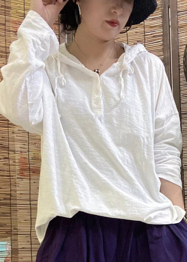 Simple White Hooded Drawstring Button Cotton Pullover Top Long Sleeve