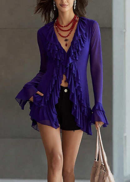 Slim Fit Purple V Neck Ruffled Tulle Top Flare Sleeve