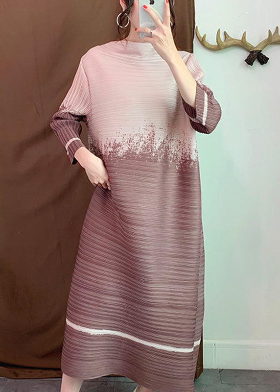 Khaki Slash Neck Gradient Color Long Dresses Long Sleeve