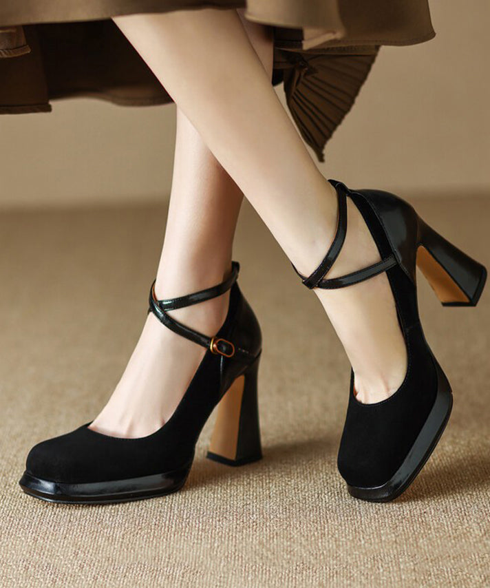 Brown High Heels Suede Cross Strap Splicing