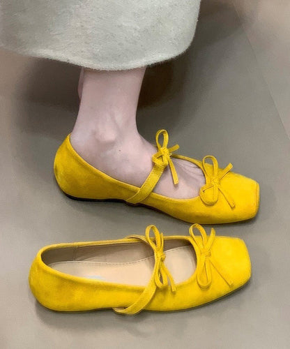 Bow Splicing Flat Feet Shoes Yellow Suede