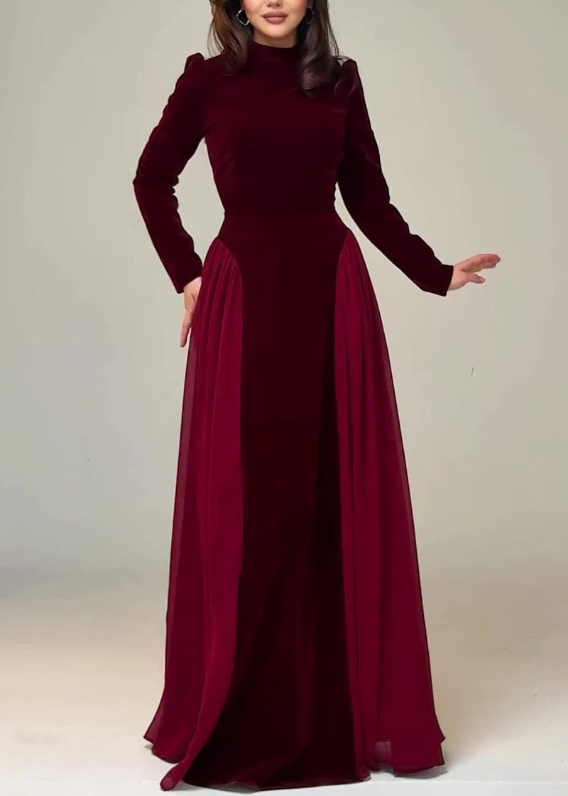 Wine Red Chiffon Patchwork Velour Long Dresses Tie Waist