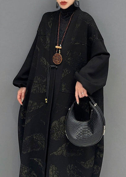Black V Neck Print Button Maxi Coat Fall
