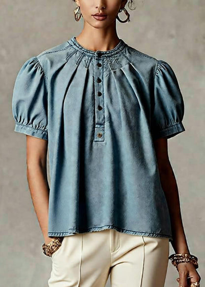 Light Blue O Neck Wrinkled Denim Top Short Sleeve