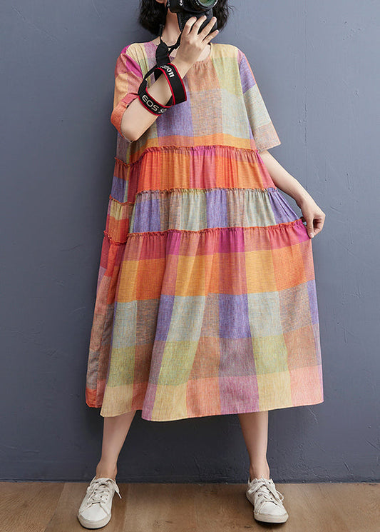 Colorblock O-neck Wrinkled Patchwork Dress Short Sleeve