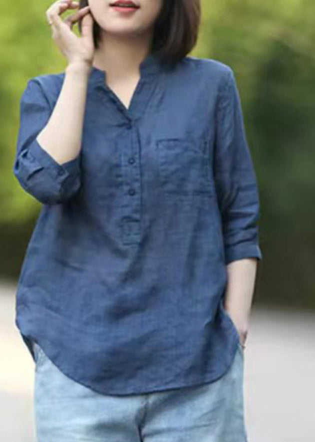 Navy Pockets Linen Shirt Top Stand Collar Button Half Sleeve