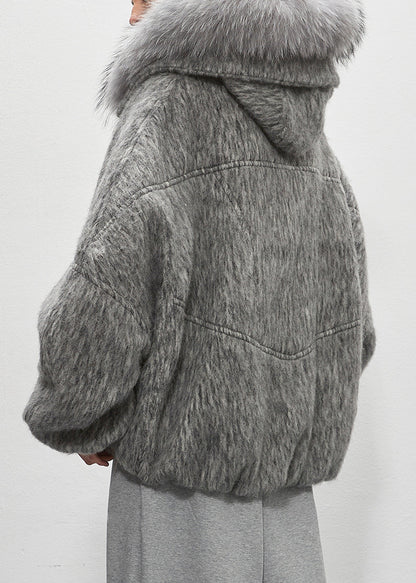 Grey Fur Collar Zippered Duck Down Puffer Coat Winter