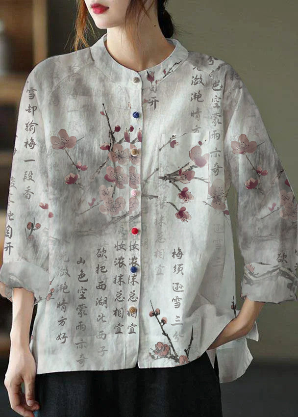 Modern Pink Flower Loose Patchwork Pockets Fall Long Sleeve Blouse Top