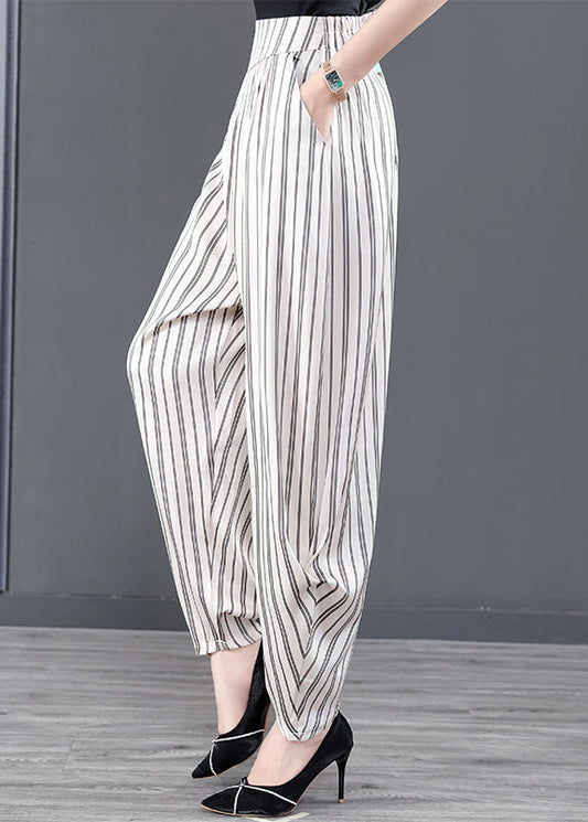 Diy White Striped Pockets Patchwork Chiffon Pants Summer
