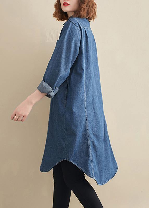 Lapel Patchwork Top Pattern Denim Blue Top