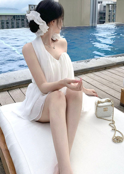 White Asymmetrical Decorated Chiffon Beach Two Pieces Set Summer