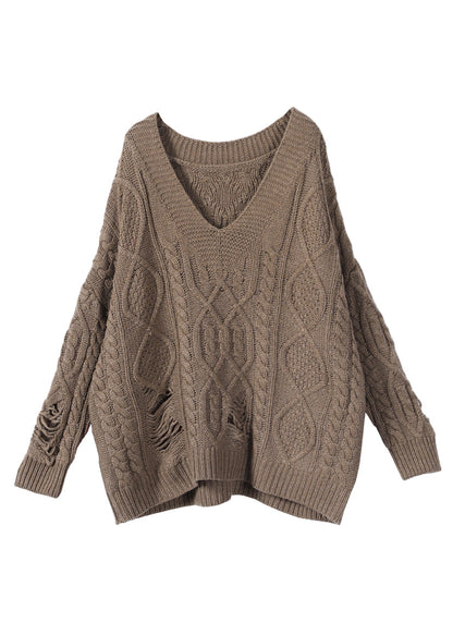 Khaki V Neck Cotton Knit Sweaters Fall