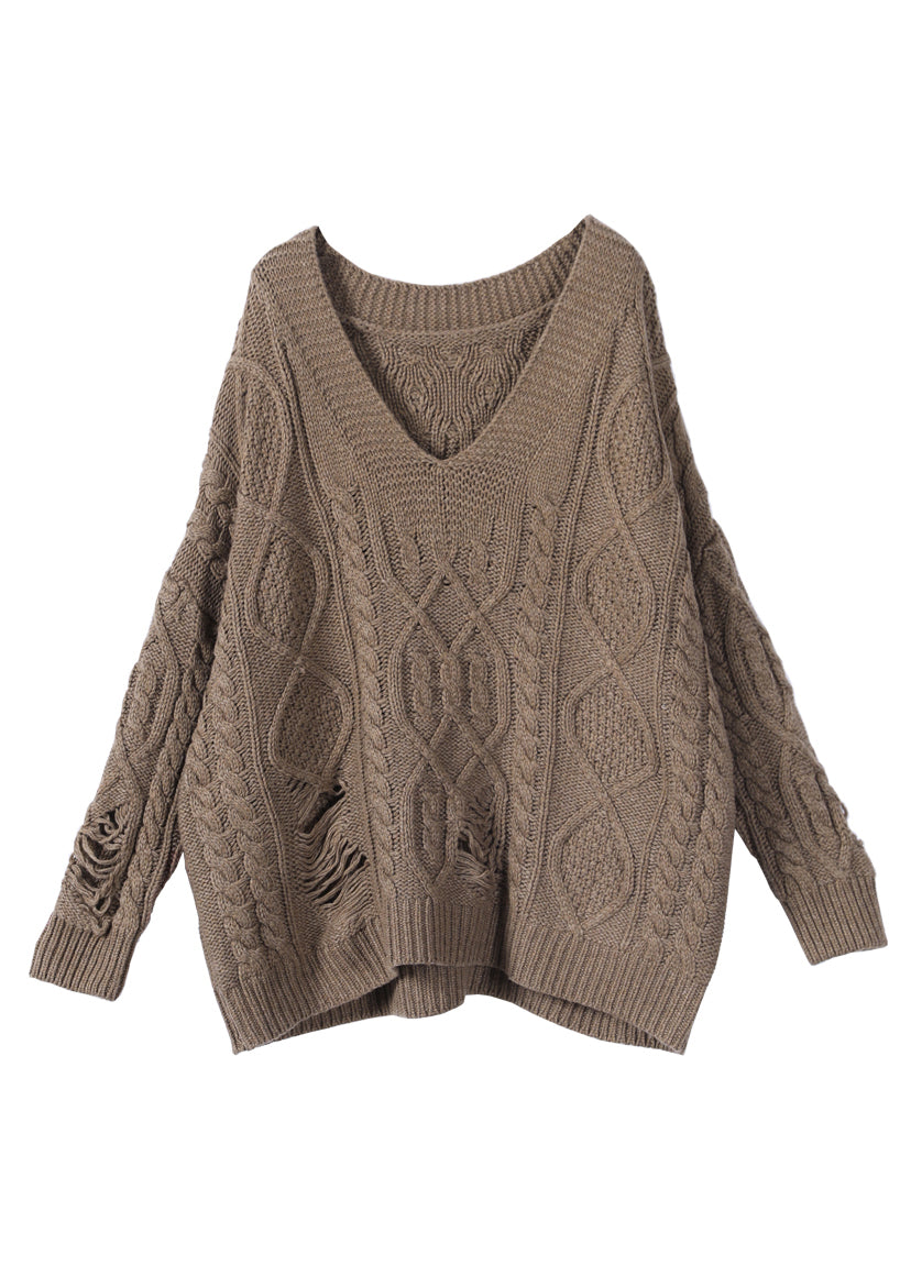 Khaki V Neck Cotton Knit Sweaters Fall