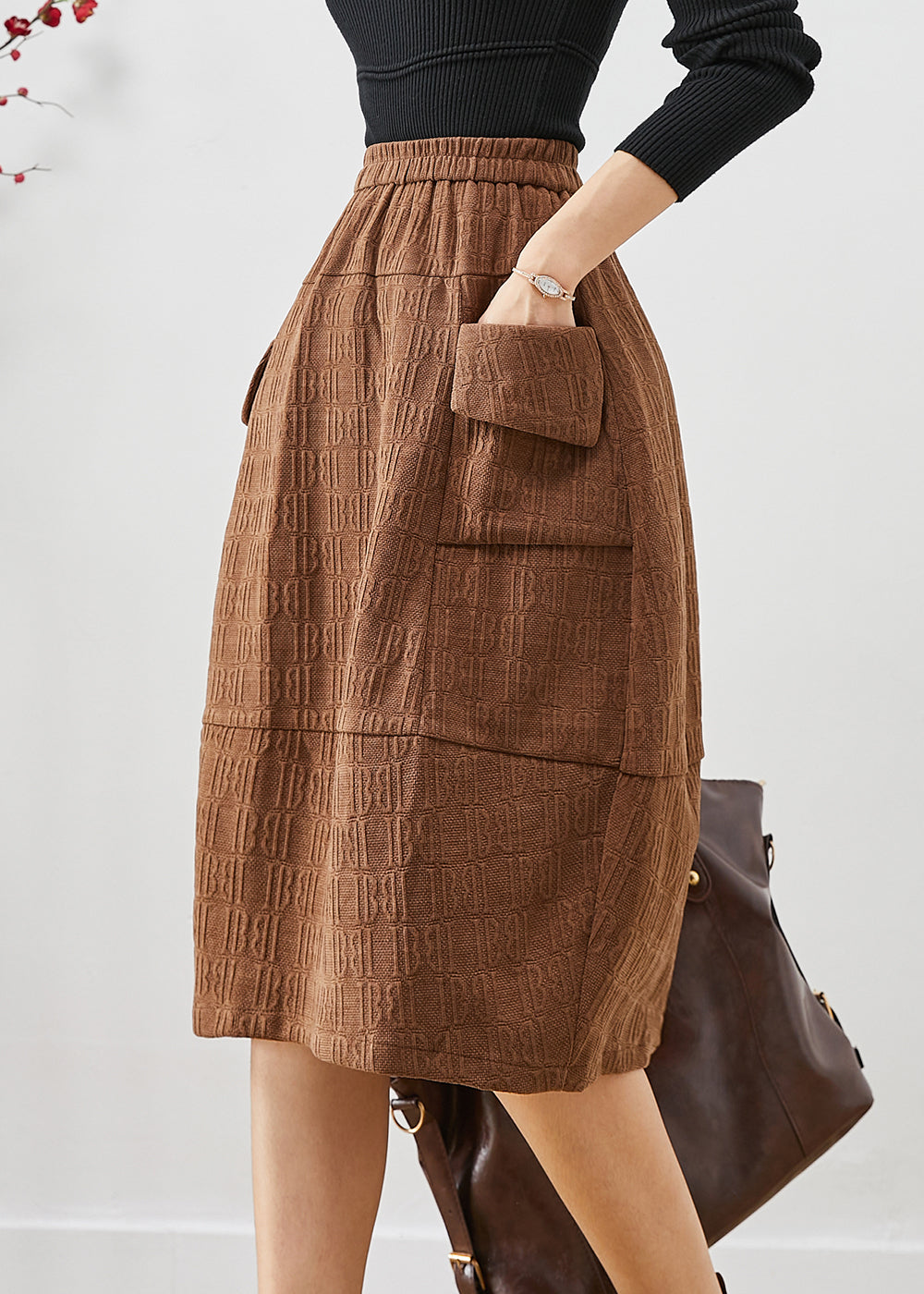 Coffee Jacquard Patchwork Corduroy Skirt Fall