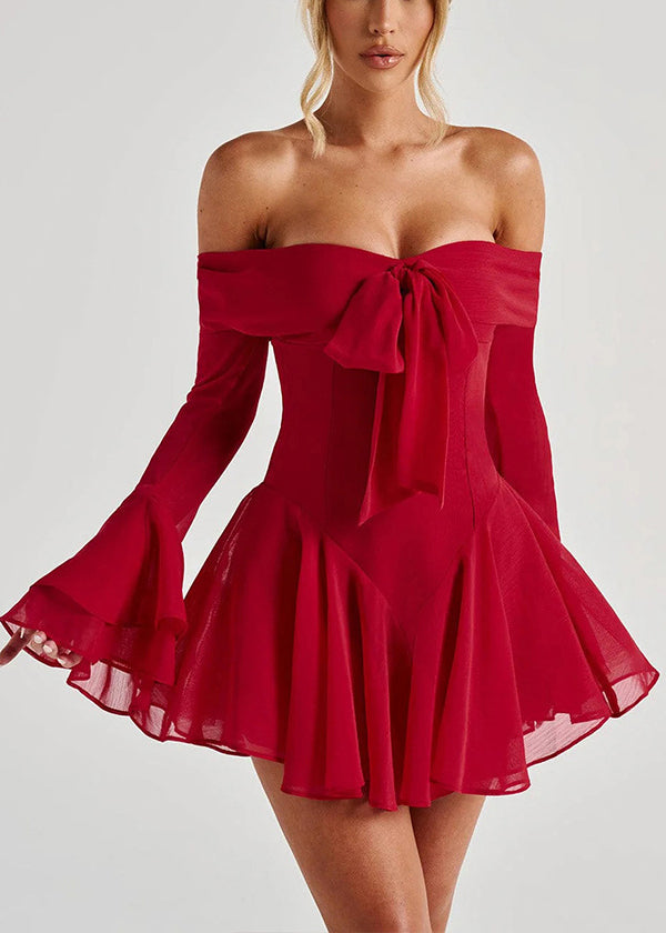 Red Slash Neck Bow Cotton Mid Dress Flare Sleeve