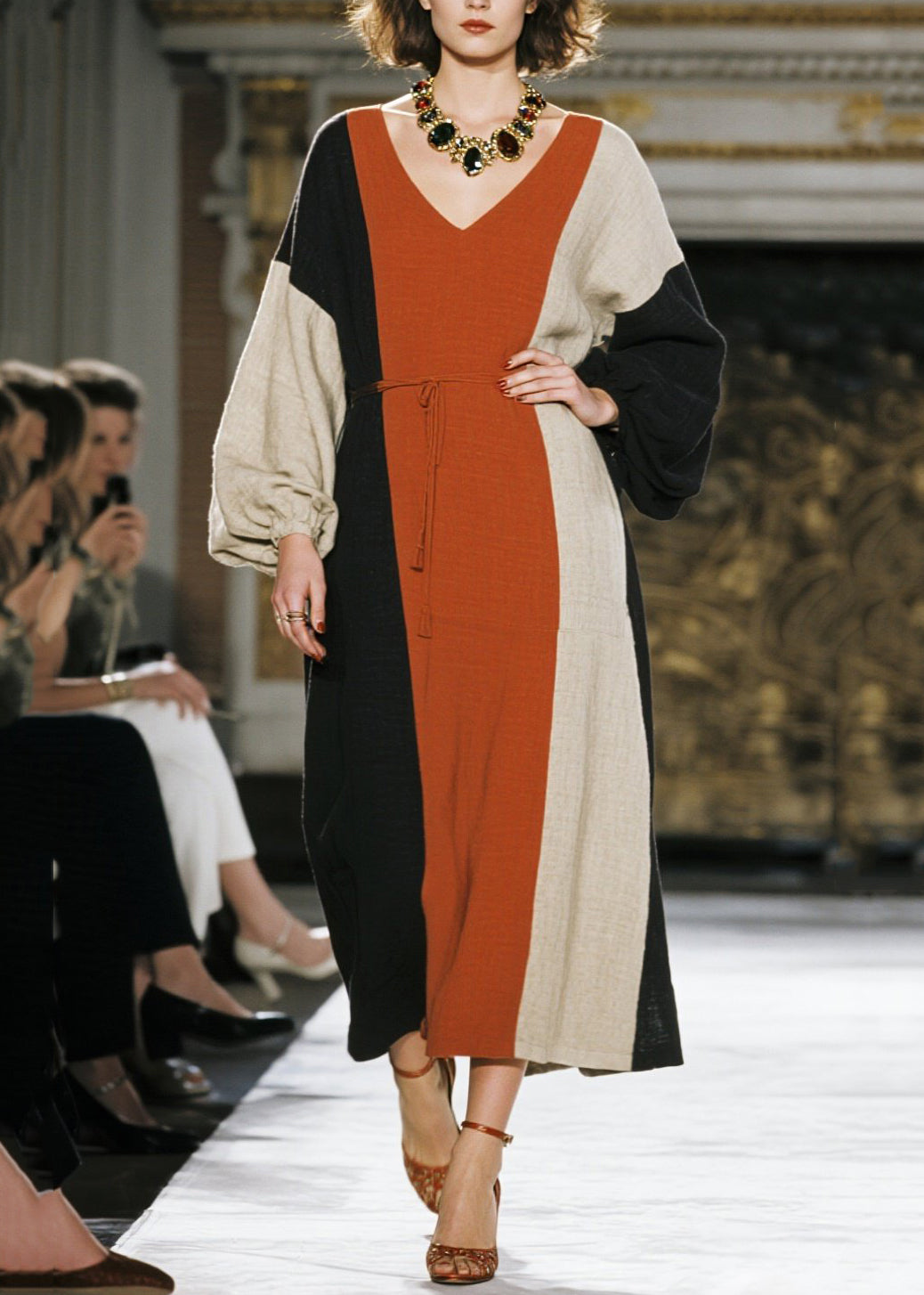 Colorblock Tie Waist Asymmetrical Design Cotton Dresses Spring