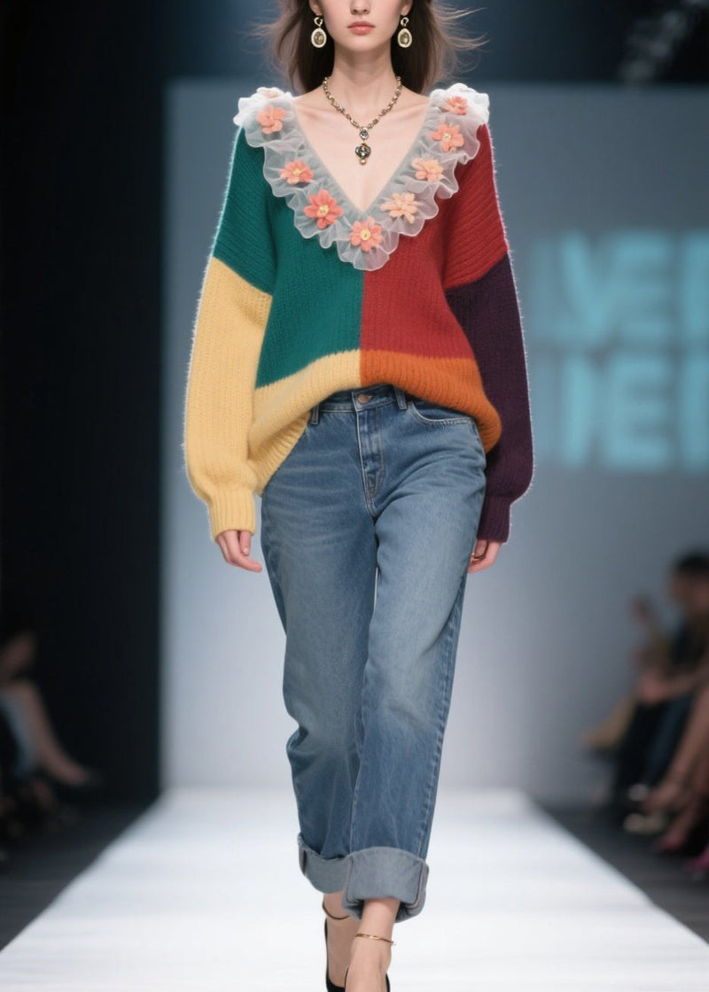 Natural Colorblock Ruffled Knit Sweaters Winter