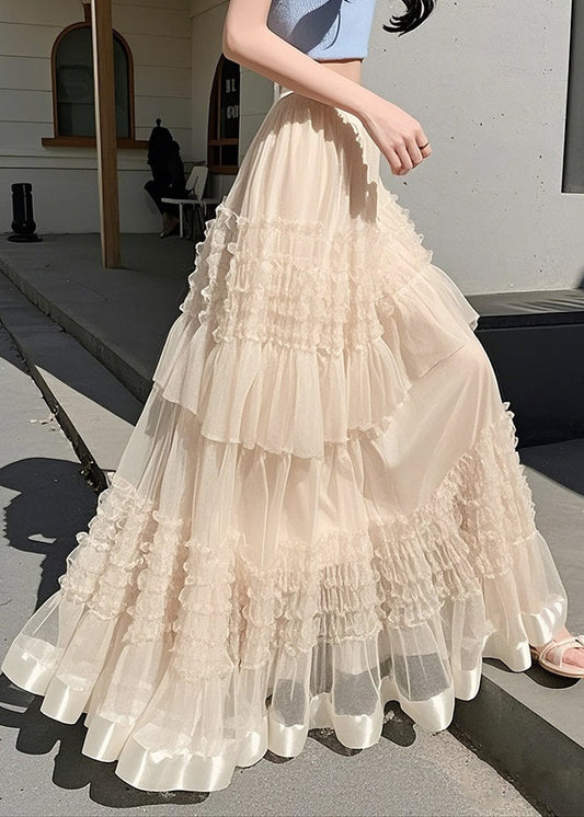 Art Apricot Ruffled Elastic Waist Chiffon Skirts Summer