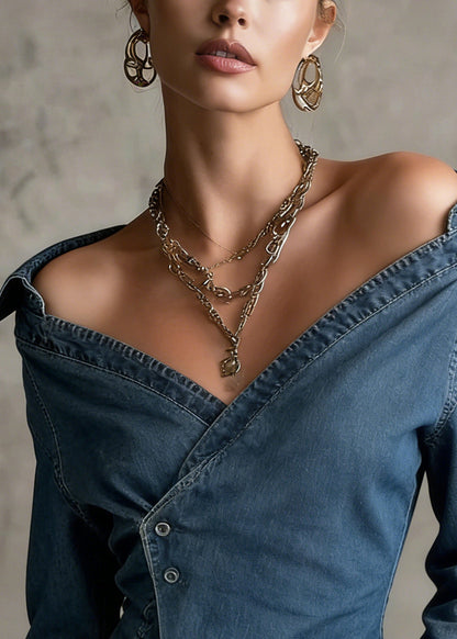 Blue Cold Shoulder Asymmetrical Design Denim Shirts Spring
