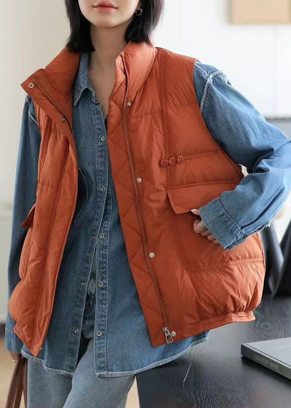 Orange Stand Collar Zip Up Pockets Duck Down Vest Winter