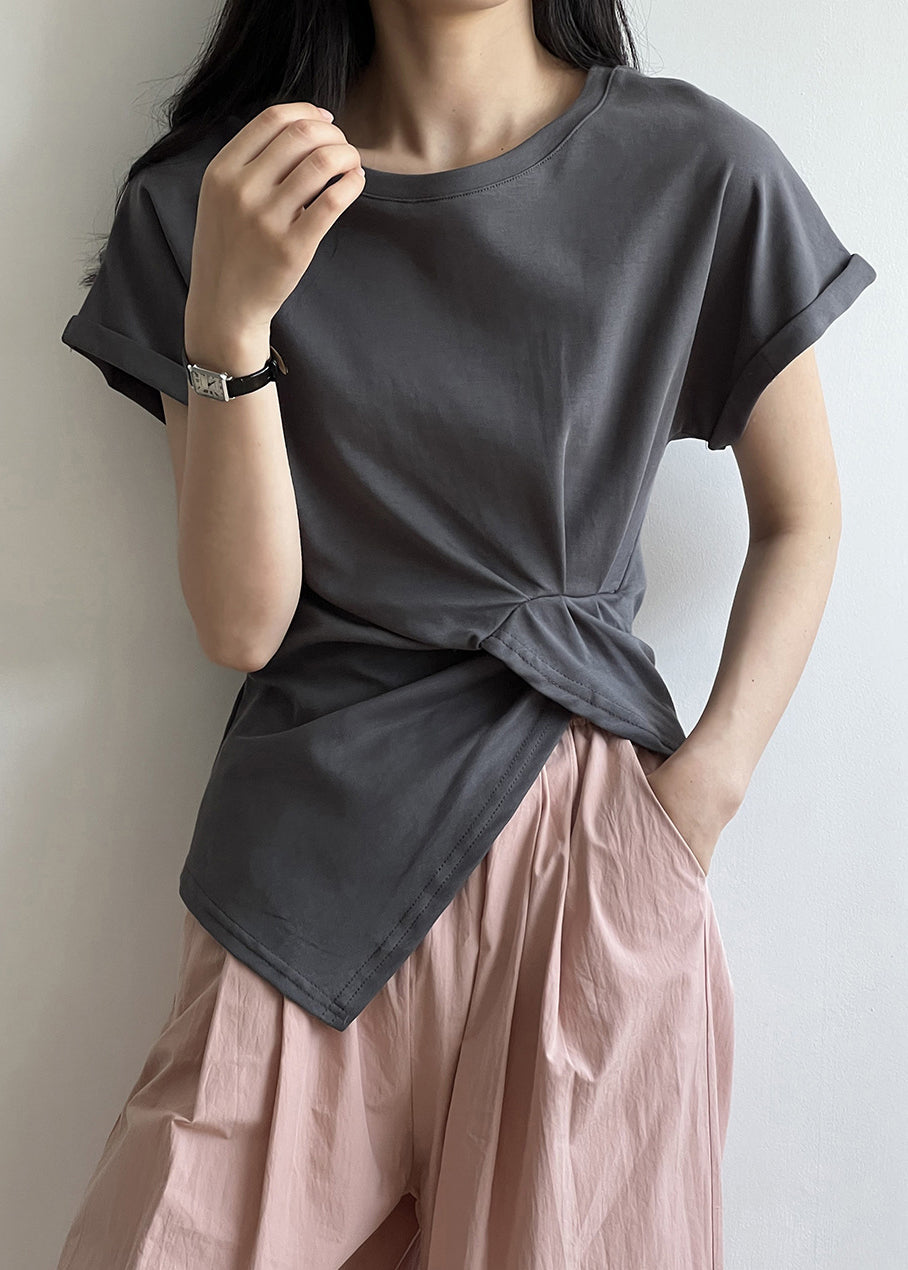 Apricot O Neck Asymmetrical Design Cotton T Shirt Summer