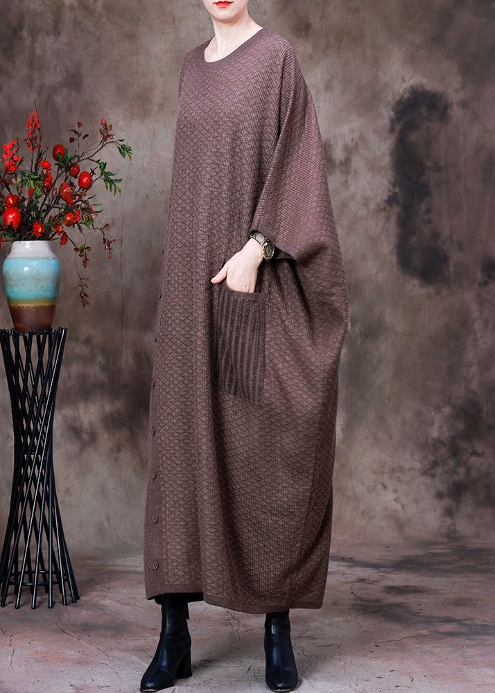 Light Chocolate O-neck Button Pockets Cashmere Maxi Dress Long Sleeve