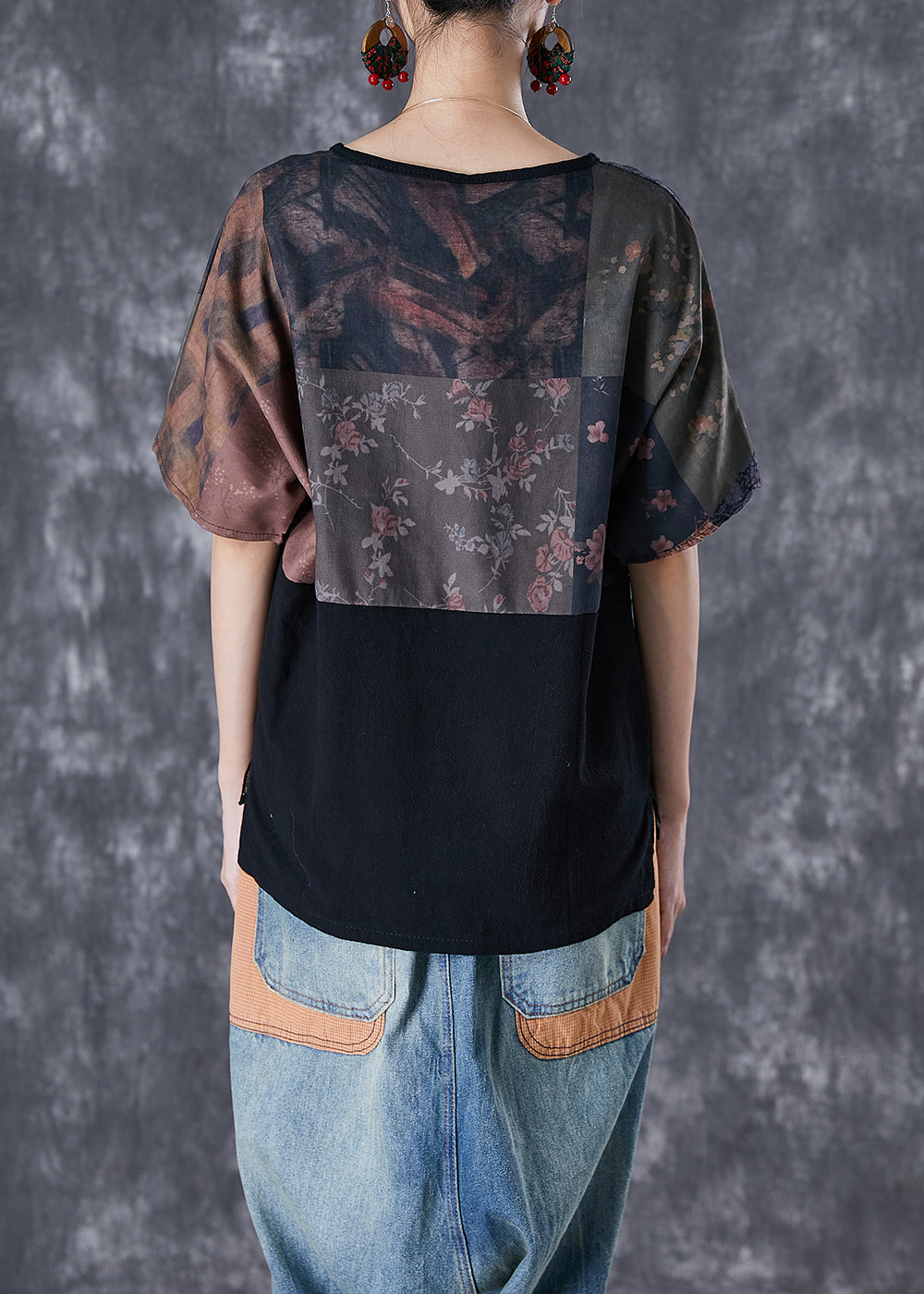 Fitted Black Patchwork Oversized Linen Shirt Top Summer