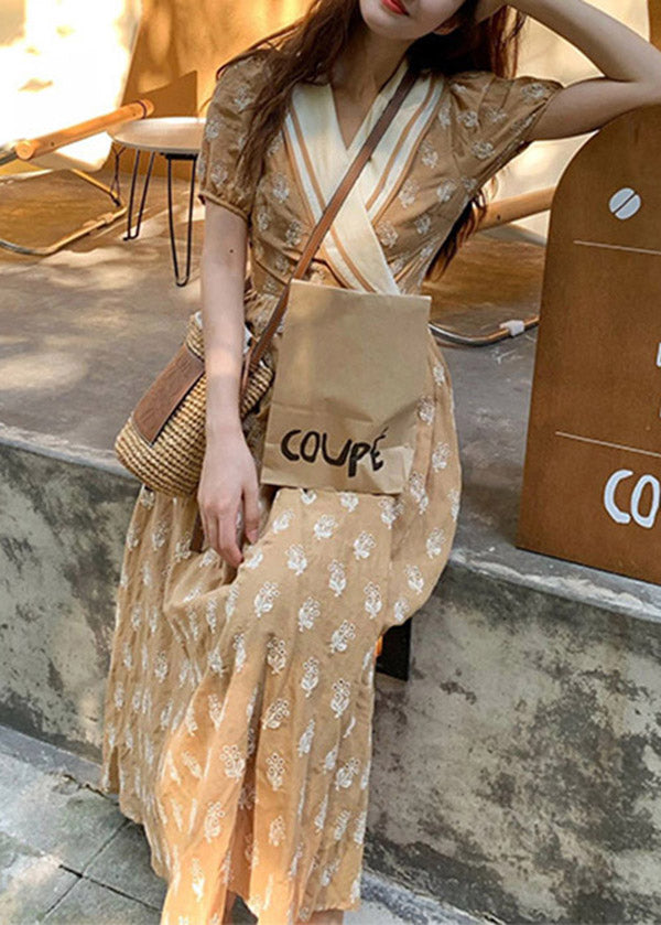 Champagne V Neck Print Wrinkled Cotton Long Dress Summer