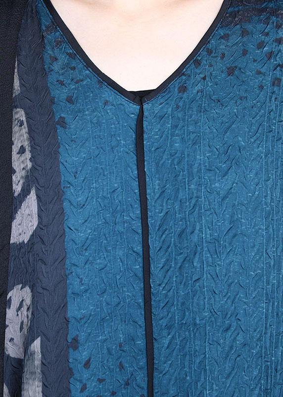 Blue Retro V Neck Patchwork Summer Robe Dresses Bat Wing Sleeve