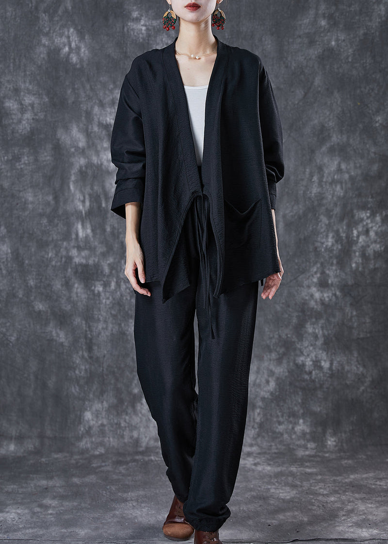 Black Oversized Tie Waist Linen Two Pieces Set Fall