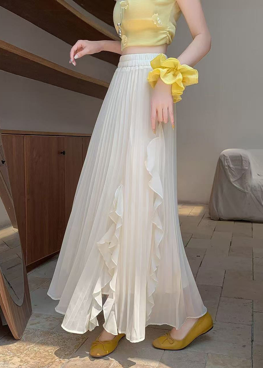 Beige Wrinkled Summer Skirts Elastic Waist