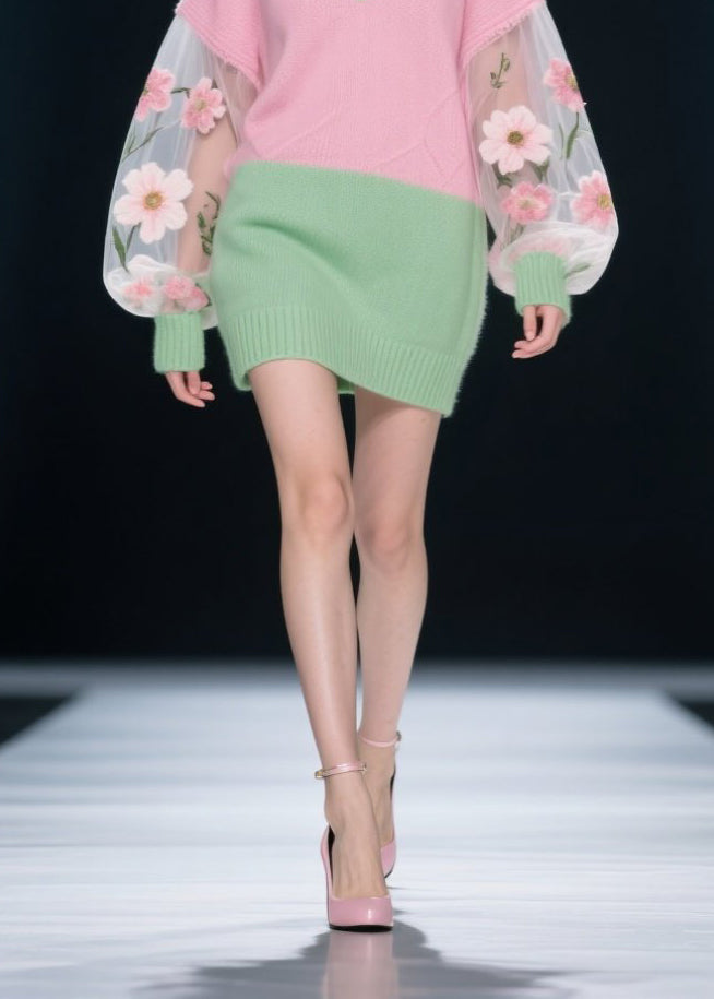 Colorblock V Neck Tulle Patchwork Knit Dress Fall