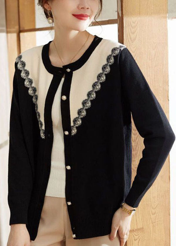 French Black O-neck Patchwork Button Knit Coats Long Sleeve